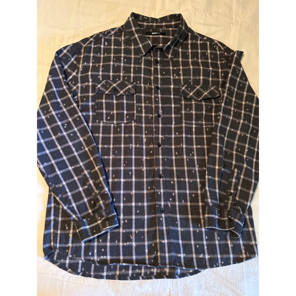 Nova Men Bleach Splatter Flannel Shirt Button Up Plaid‎ Casual Menswear S L